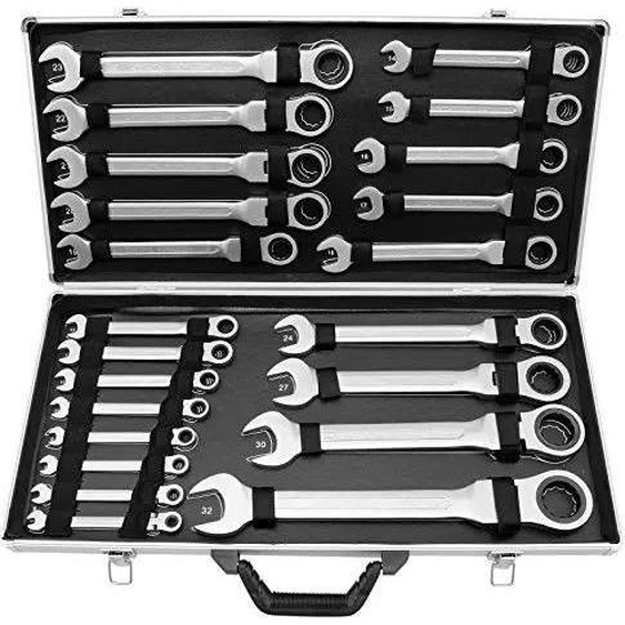 Jeu de clés à cliquet, acier au chrome-vanadium, design ergonomique, argenté