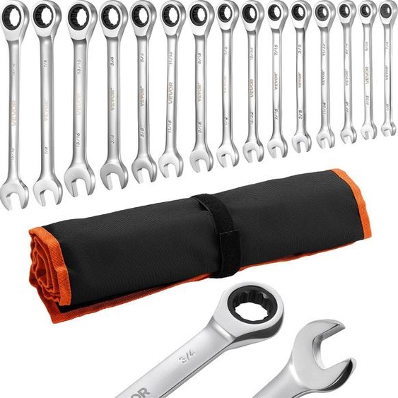 Jeu de clés à cliquet VEVOR 16 pièces SAE 72 dents, jeu de clés à cliquet en acier Cr-V avec sac de rangement, clés à fourche, clés à cliquet pour les réparations domestiques et automobiles