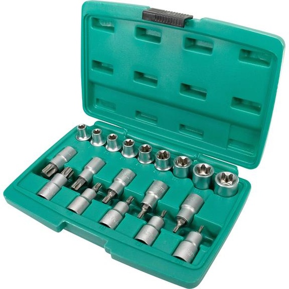 jeu de clés à douille 1/2 pouce 19 pièces pour vis TORX en acier au chrome-vanadium de WIESEMANN 1893 I Pour vis Torx externes I Pour vis Torx internes I Spécial dans un coffret à outils I 80195