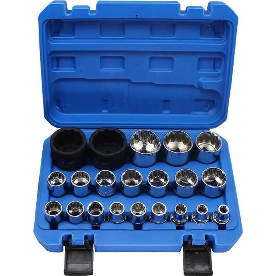 Jeu de clés à douille - 1,27 cm carré - 21 pièces - 12 pans - 8–36 mm - cliquet - acier au chrome-vanadium - bleu