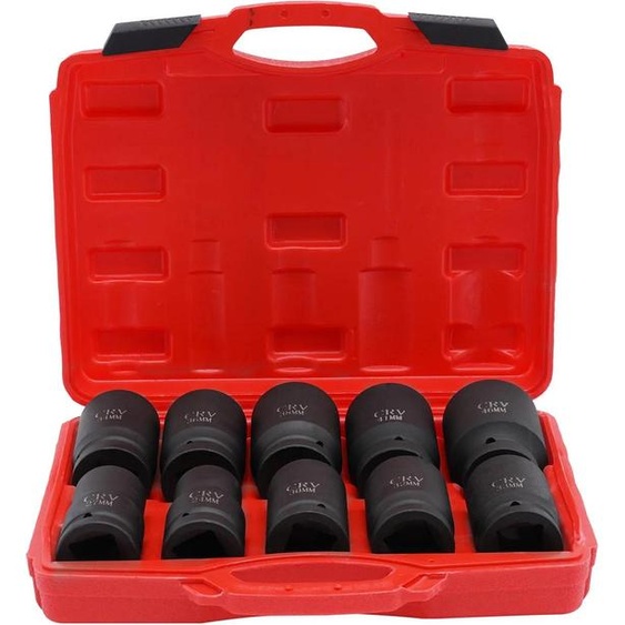 Jeu de clés à douille - 10 pièces - 24–46 mm métrique - Acier 45# - Six pans creux - Avec boîte de rangement - Rouge foncé