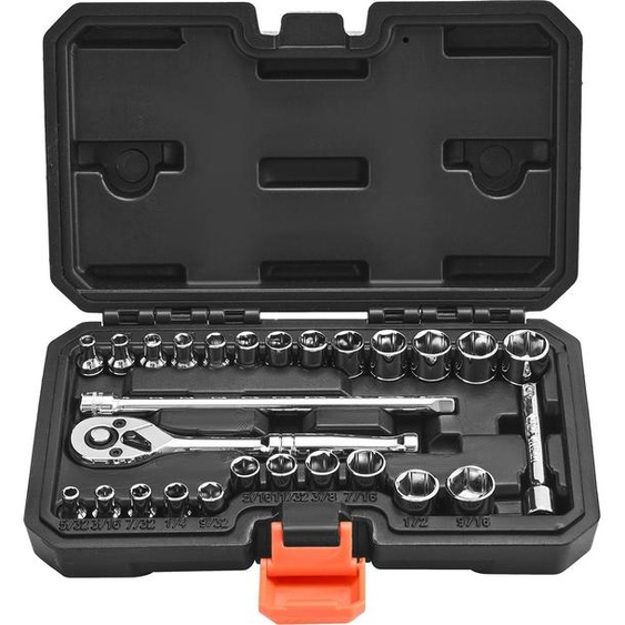 Jeu de clés à douille - 27 pièces - Entraînement 6,3 mm - Jeu de cliquets - SAE et métrique - Rallonge - Coffret de rangement - Acier chrome-vanadium CR-V