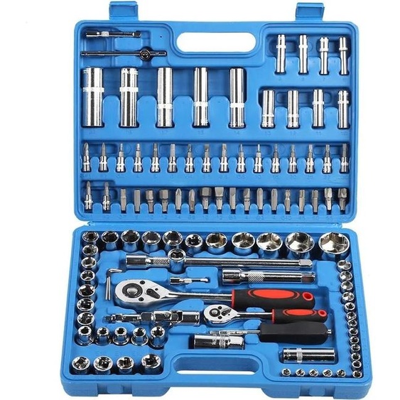 Jeu de clés à douille à cliquet - 108 pièces - Entraînement 0,6 cm et 1,27 cm - Acier CR40 - Coffret à outils - Pour métal - Bleu