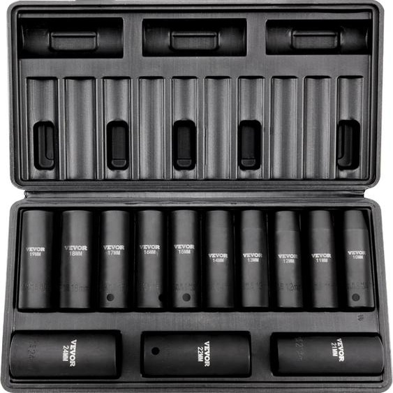 Jeu de clés à douille professionnel en acier allié CR-V Jeu de 13 clés à douille de 10 à 24 mm de profondeur Clé à douille à choc, HRC 42-48 Clé à douille y compris coffret à outils, extracteur de vis métrique