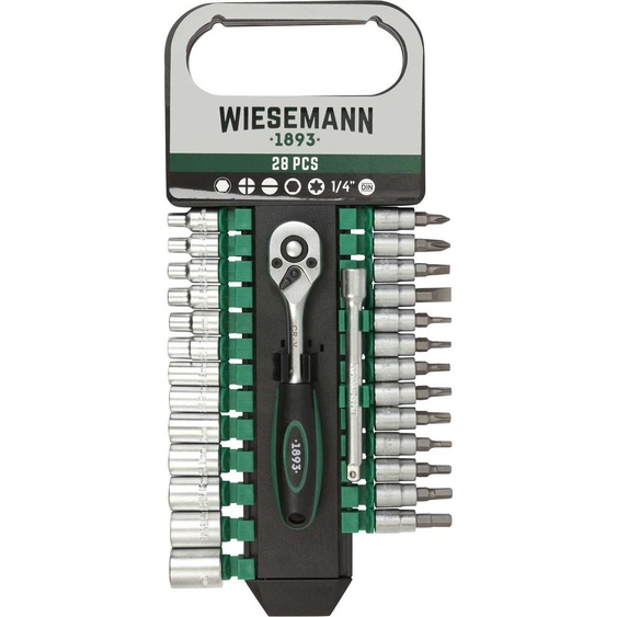 Jeu de clés à douilles 28 pièces avec cliquet 1/4, embouts hexagonaux 8mm - 32mm et rallonge 100mm en acier au chrome-vanadium avec support de WIESEMANN 1893 I 80102