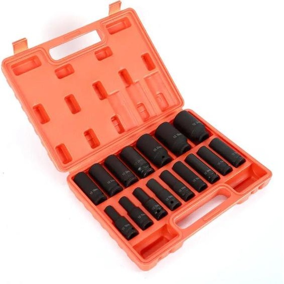 Jeu de clés à douilles - Douilles longues à impact - 16 pièces - Carré de 1,27 cm - Acier au carbone - Pour voiture/atelier - Noir