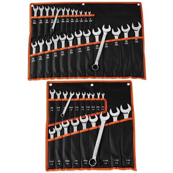 Jeu de clés à fourche et clés mixtes - Jeu de 44 clés - SAE et métriques - 12 pans - Avec sacoche à enrouler - Acier au carbone - Pour les réparations automobiles