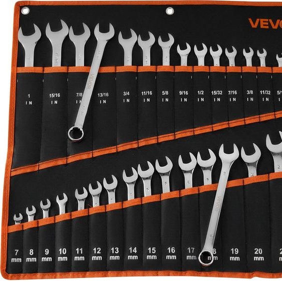 Jeu de clés à fourche VEVOR 32 pièces (SAE et métrique), jeu de clés à fourche (12 pans) Jeu de clés avec sacoche à roulettes, jeu de clés mixtes en acier au carbone, pour les réparations automobiles générales