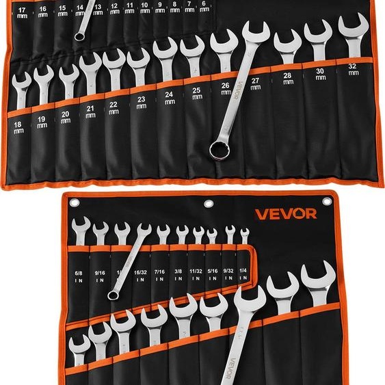 Jeu de clés à fourche VEVOR 44 pièces (SAE et métrique), jeu de clés à fourche (12 pans) Jeu de clés avec sacoche à roulettes, jeu de clés mixtes en acier au carbone, pour les réparations automobiles générales