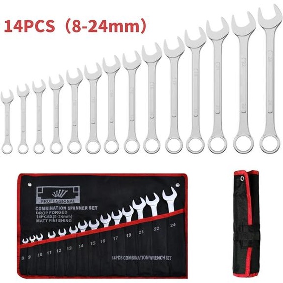 Jeu de clés mixtes - clés à fourche/clés polygonales - 14 pièces - 8–24 mm - avec sac de rangement - pour voiture et vélo - argent