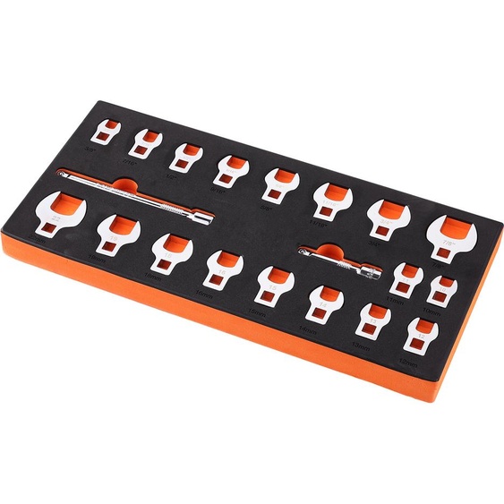 Jeu de clés SucceBuy Crowfoot, 20 pièces 3/8 avec 2 tiges de rallonge et organisateur EVA, SAE 3/8-7/8 et métrique 10-22 mm, acier 40CR avec finition chromée
