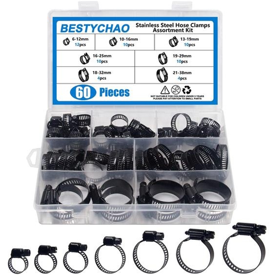 Jeu de colliers de serrage, 60 pièces, en acier inoxydable, de 6 à 38 mm, de couleur noire