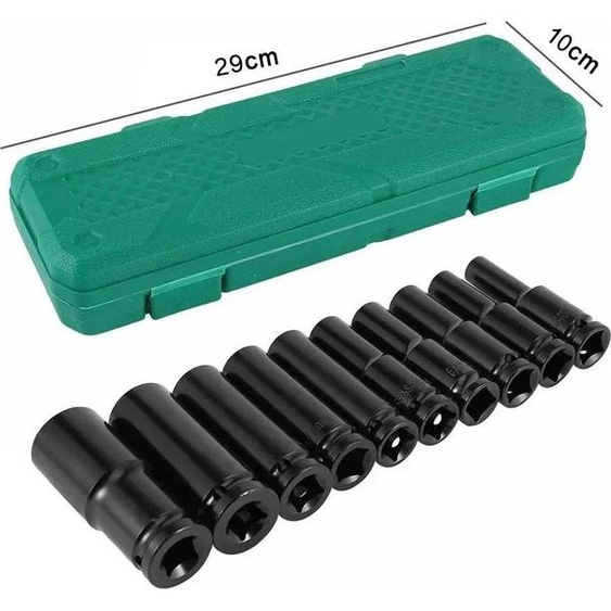 Jeu de douilles à choc, profondes - 1,27 cm carré - 10 pièces - 10–24 mm métrique - acier Cr-V - pour visseuses à choc - vert