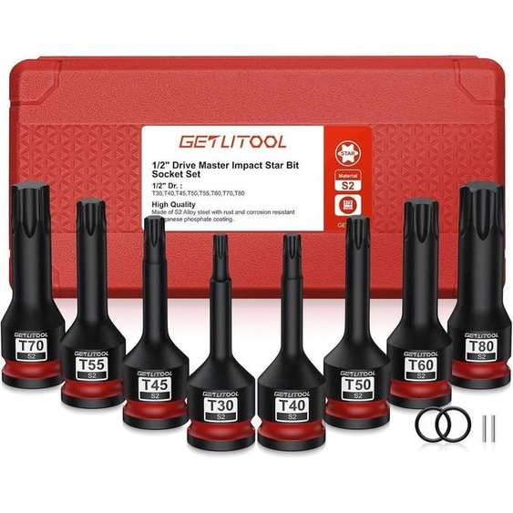 Jeu de douilles à chocs Kraft pour vis, 8 pièces, acier S2, embouts Torx T30-T80, 78 mm, 1/2
