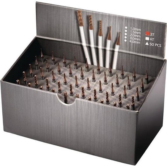 Jeu de fraises en bout DIN6527 Ø 1/1,5/2/3/4 mm nombre de tranchants 3 VHM TiSiN 50 pièces Carton