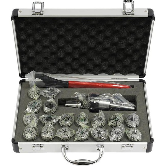 Jeu de pinces de serrage avec support - MTB2-ER32 - 19 pièces - Précision de 0,015 mm - Acier 45#/40Cr - Trempé, rectifié avec précision - Mallette en aluminium et plastique - Gris foncé