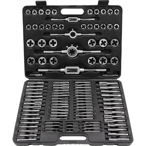 Jeu de tarauds - Tarauds et filières - 110 pièces - Acier allié - Inoxydable - Mallette plastique 43,5×32×6,3 cm - Noir