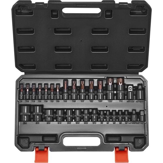 Jeu dembouts Torx et de clés à douille - Jeu 31 pièces - Torx intérieur et extérieur T8–T70/E4–E24 - Acier S2 et Cr-V - Entraînements 0,635/0,953/1,27 cm - Avec adaptateur - Avec coffret de rangement
