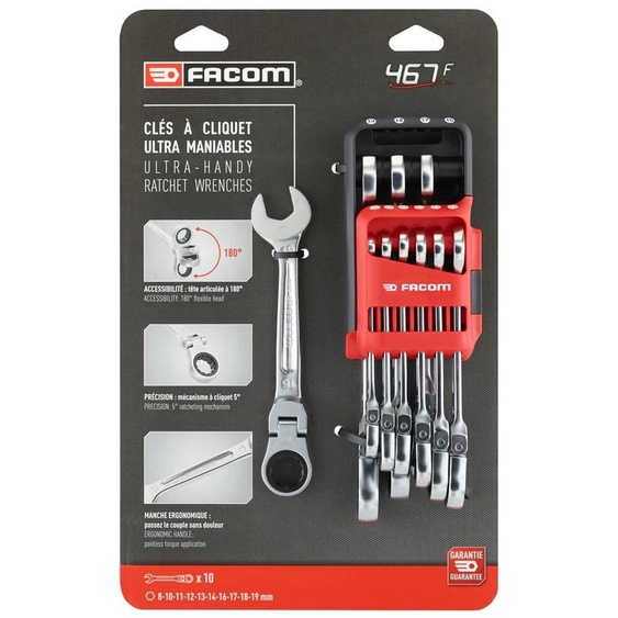 Jeux de 10 clés mixtes à cliquet articulée métrique sur étui portatif - FACOM - 467BF.JP10PB