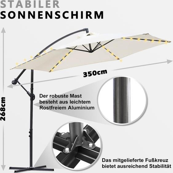 Jiubiaz 3.5m Parasol UV40+ Camping Parapluie suspendu LED Parasol solaire de jardin avec LED -Beige