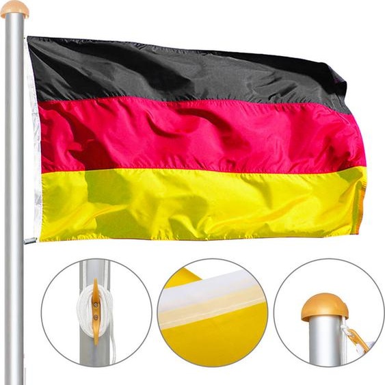 Jiubiaz Mât de drapeau aluminium télescopique 650cm douille au sol 60cm incl. drapeau allemand Mât de drapeau drapeau aluminium
