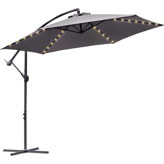 Jiubiaz Parasol 350cm éclairage LED & manivelle - protection UV hydrofuge pliable - Parasol de marché - Gris