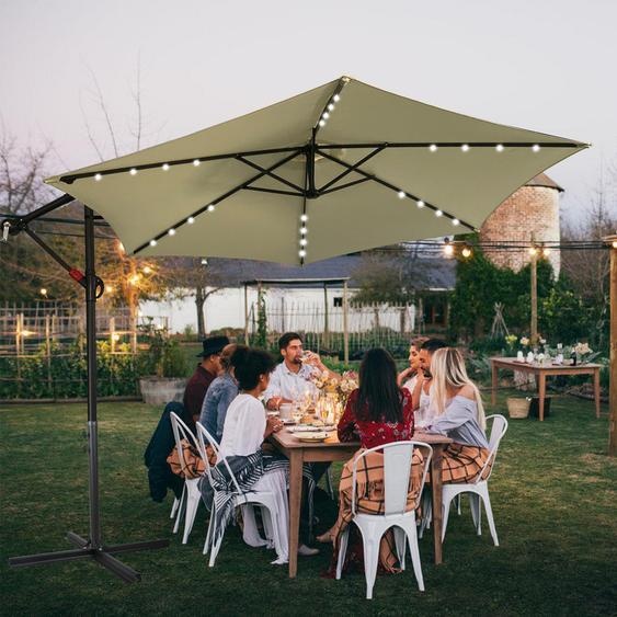 Jiubiaz Parasol Beige LED Solar Ø350cm Parasol de jardin Parasol de marché Manivelle Balcon Alu Inclinable