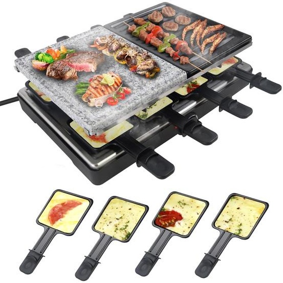 JNGLGO 1400W Gril à raclette pour 8 personnes Gril électrique avec plaque en granit & plaque de gril revêtement antiadhésif Set de poêle à griller électrique Gril de table pour Noël Fête Camping
