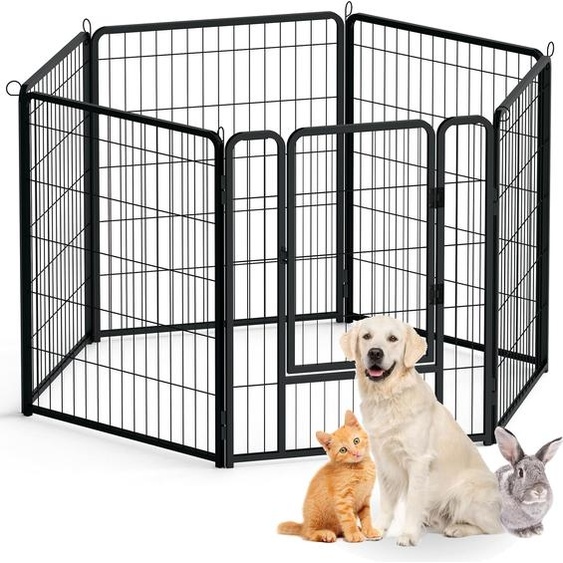 JOIEYOU 6-PLG Parc pour chiens avec portes & piquets Clôture modulaire pour chiens Hauteur 80cm Parc pour chiots Grille métallique pour chiots Parc pour animaux Jardin Enclos pour chiens Chats Lapins Enfants