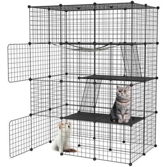 JOIEYOU Cage pour chats dextérieur à 4 étages Enclos pour chats en métal avec 2 échelles & 2 portes & hamac amovible Cage pour animaux autoportante pour chats, chinchillas, lapins