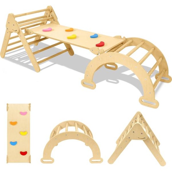 JOIEYOU Murs descalade autoportants pour enfants Structure descalade en bois 4 en 1 Intérieur, y compris triangle descalade Arc descalade & toboggan Aire de jeux en bois de bouleau Jouets éducatifs Appareil de sport à domicile Capacité de charge jusquà