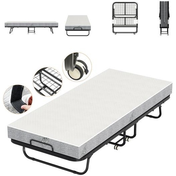 Jopassy 90x200cm Lit dinvité pliable avec matelas et housse de protection jusquà 150kg, sur roulettes