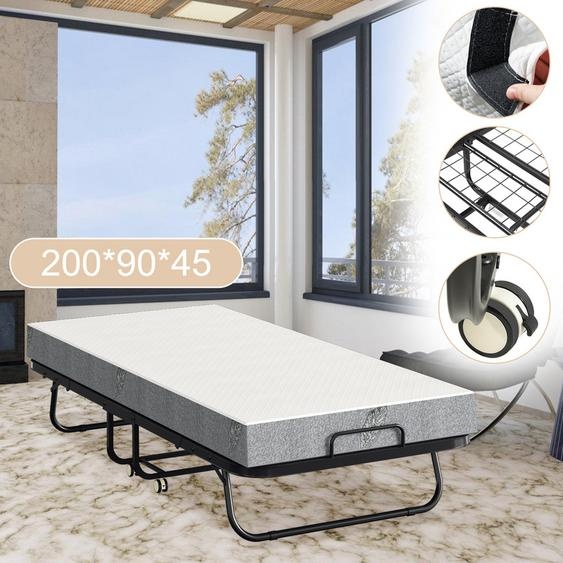 Jopassy 90x200cm Lit dinvité pliable jusquà 150kg, avec matelas et housse de protection, sur roulettes