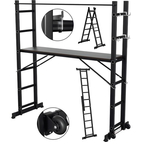 Jopassy Echafaudage de travail Alu Echelle polyvalente 2x6 marches jusquà 150kg Echelle multifonctionnelle Echelle à cadre A Echafaudage multidirectionnel Echafaudage de chantier Noir