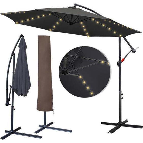 Jopassy Parasol 3.5m Parasol de jardin avec LED solaire & housse de protection Parapluie Pavillon Parasol courbe Alu,Gris,3.5m
