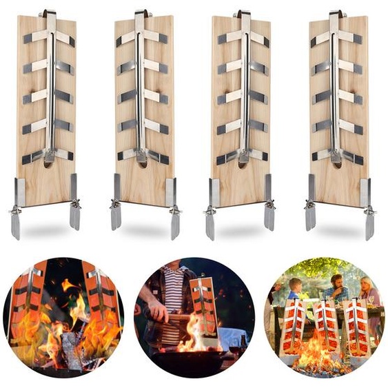 Jopassy Planche à saumon flambée Set de 4 planches de fumage rustiques Plaques en bois Support en acier inoxydable