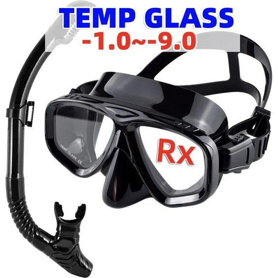 JoyMaySun Masque de plongée pour myopie, ensemble de plongée en apnée, lunettes de natation pour myopie, verre trempé, haut sec, myopie courte,-1.0 à-9.0