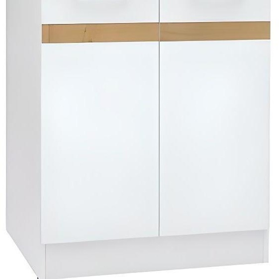 Meuble Bas de Cuisine Junona, 60 cm, 2 Portes, Blanc Brillant, Plan de Travail Chêne Artisanal Doré