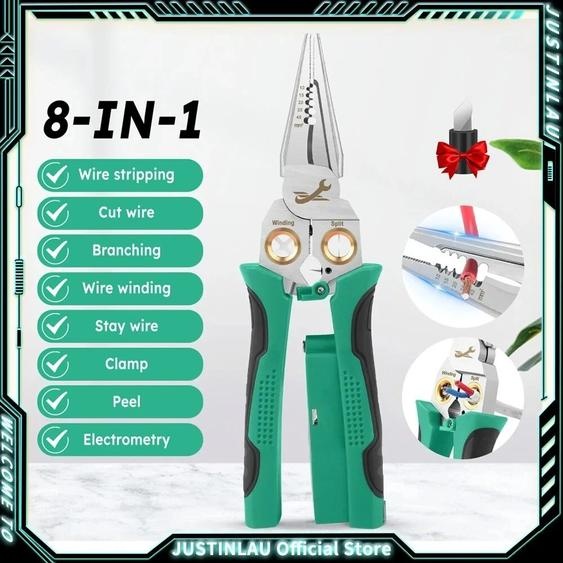 JUSTINLAU – pince délectricien 8 en 1, dénudeur de fil multifonction, pince à nez aiguille en acier inoxydable avec mesure électrique