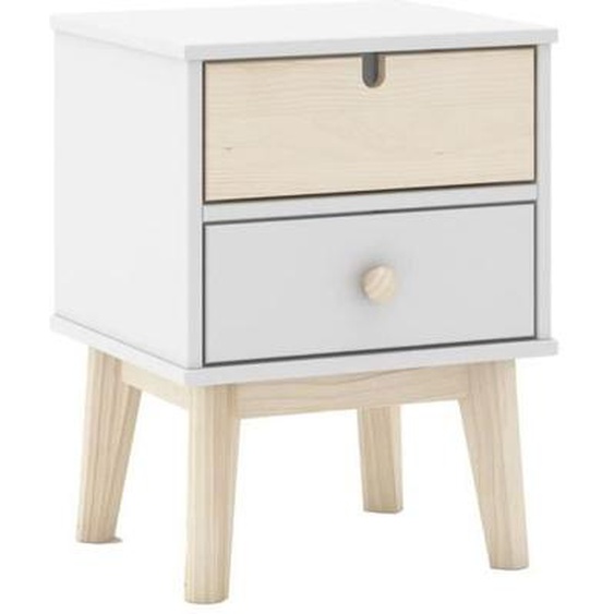 KAINA - Chevet 2 Tiroirs en MDF et Pin Coloris Blanc et Naturel