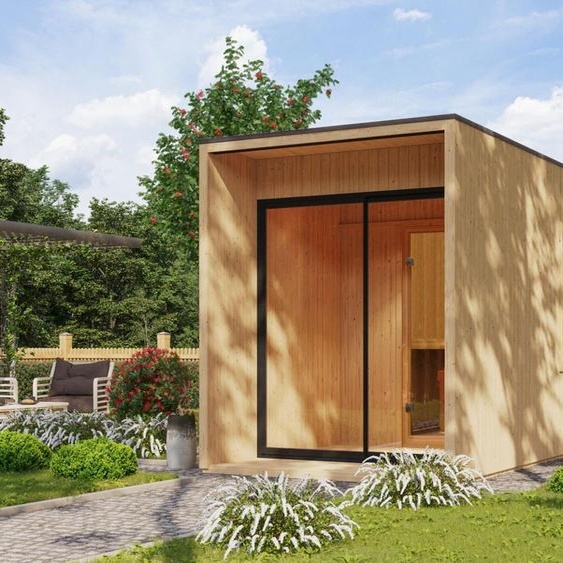 Karibu Saunahaus Sauna extérieur Sauna de jardin Miramar non traité Poêle 9 KW Strg externe easy 73mm éléments isolés 425x217x242 cm