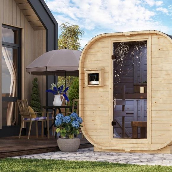 Karibu Saunahaus : Sauna extérieure, sauna de jardin, sauna en fût. Modèle Quadro 0, non traité, sans accessoires. Bois massif de 38 mm, dimensions : 199 x 140 x 205 cm
