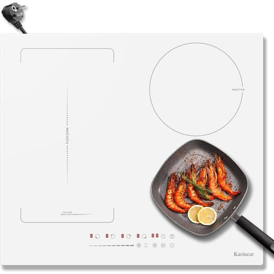 Karinear - Plaque à induction 4 feux avec prise, 59 cm, 3500 w, vitrocéramique blanche, zones combinées, commandes coulissantes, 9 niveaux de
