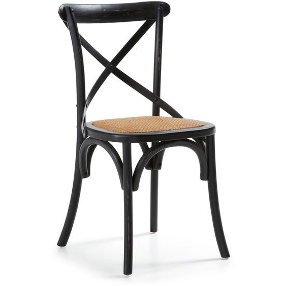 Kave Home - Chaise Alsie en bois de bouleau massif laqué noir et assise en rotin