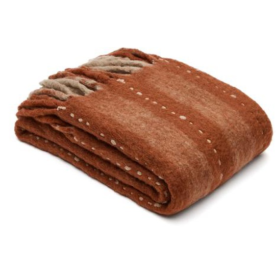 Kave Home - Couverture Maiela à rayures avec franges rouge et blanc et détail de surpiqûre blanche 130