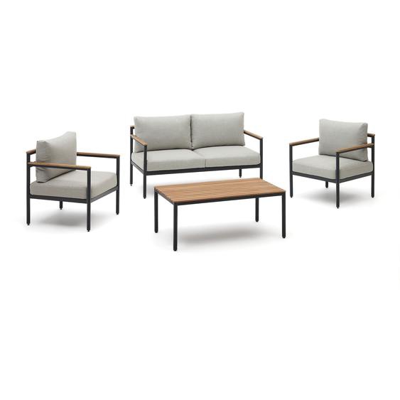 Kave Home - Ensemble Aiguafreda canapé 2 places, 2 fauteuils, table basse aluminium gris bois acacia