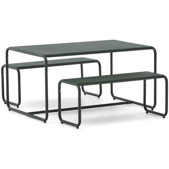 Kave Home - Ensemble enfant Sotil avec 2 bancs et table en acier galvanisé, finition verte 95 x 62 cm