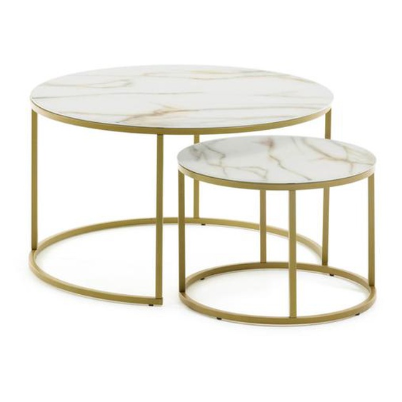 Kave Home - Ensemble Leonor de 2 tables dappoint en verre blanc et acier finition dorée Ø80cm / Ø50cm