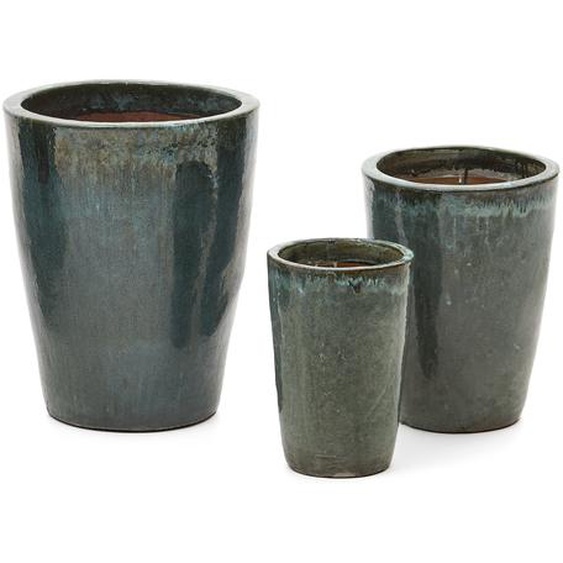 Kave Home - Ensemble Rotja de 3 pots de fleurs en terre cuite, finition bleue émaillée Ø 26 / 35 / 47