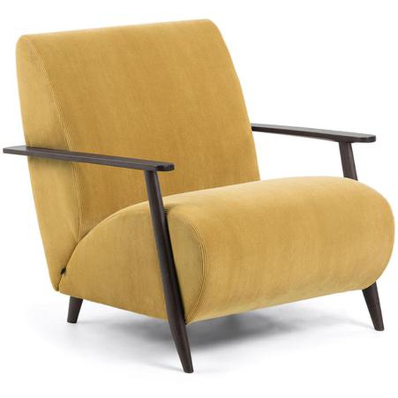Kave Home - Fauteuil Meghan velours côtelé moutarde et pieds en bois massif de frêne finition wengé
